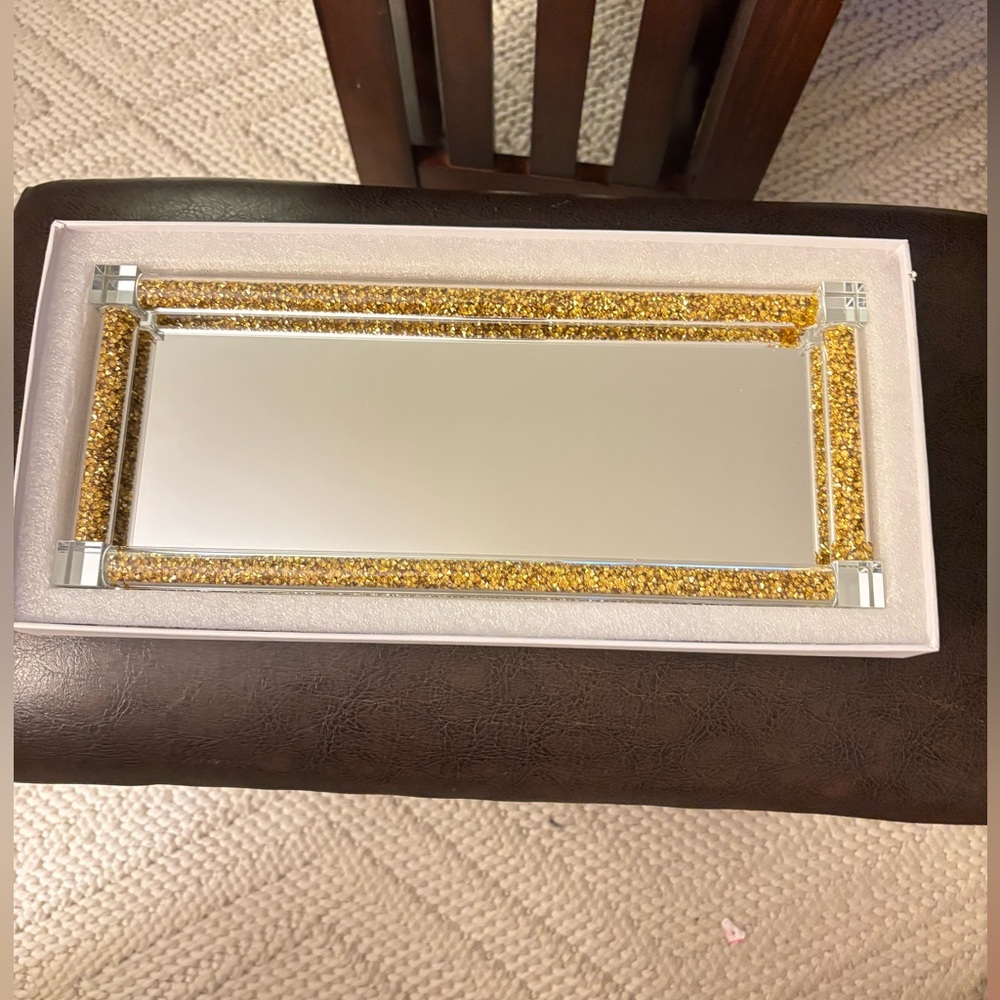 NWT Crystal Glass Tray, Mirror Vanity Tray, Golden Decor Tray Size 34cm X 14 cm - Picture 11 of 16